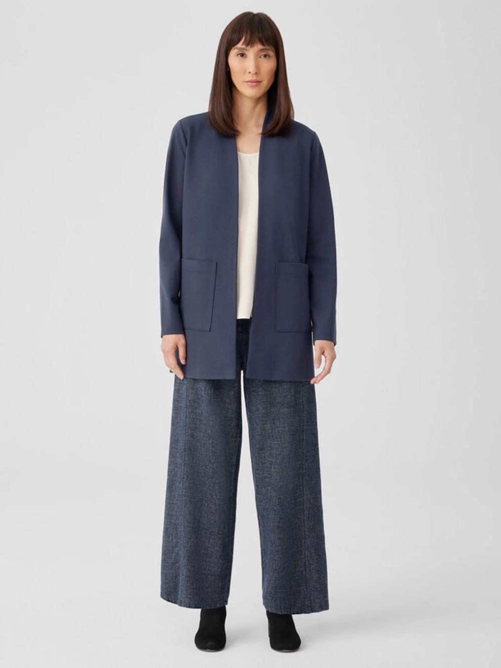 Eileen Fisher 1X Pant Suit Set Navy Open Front Longline Blazer Straight Pant Eco